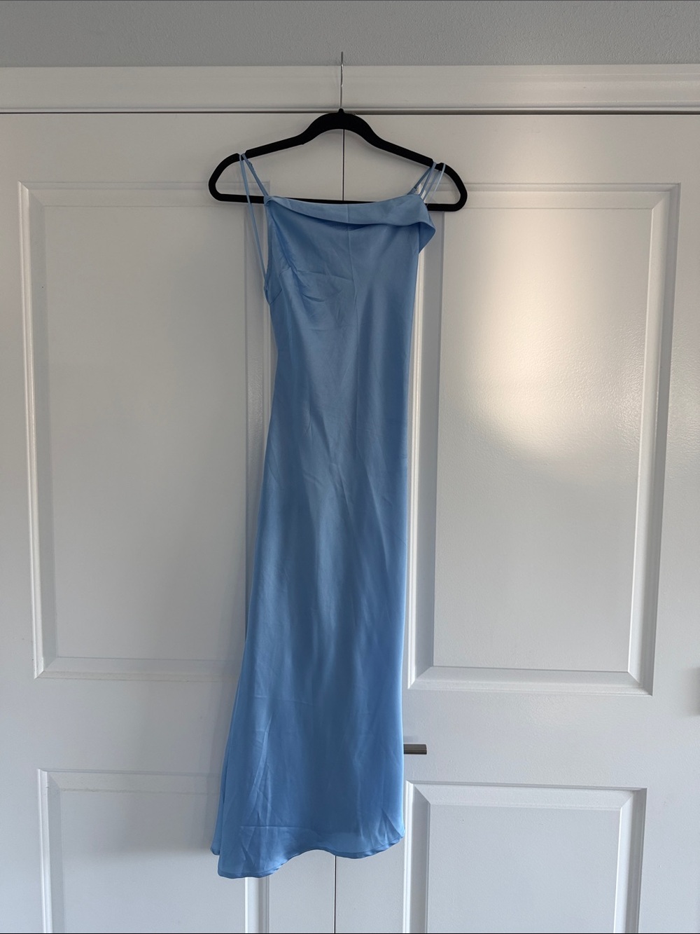 Astr Light Blue Slip Midi Silky Dress with Crisscross Spaghetti Straps- Blue- M